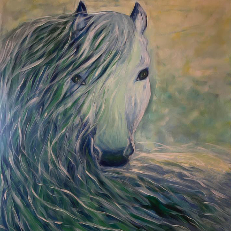 White Horse with it's Hair in a Bright Light